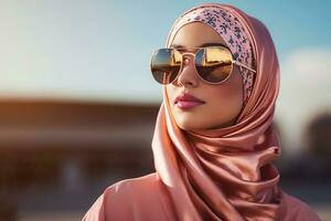 Beautiful young muslim woman in a traditional headscarf and sunglasses. photo