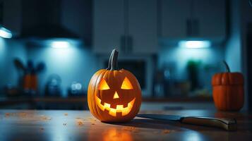 Pumpkin Jack-O-Lantern on the kitchen table. Sinister atmosphere. AI generated. photo