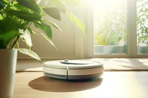 Robot vacuum cleaner is in a modern bright room photo