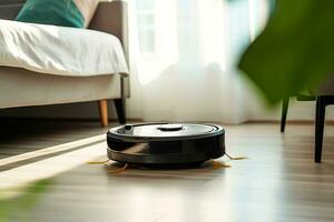 Robot vacuum cleaner is in a modern bright room photo
