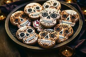 hecho en casa grotesco cráneo y esqueleto azúcar Galleta durante un mexicano gente celebracion de el día de el muerto. foto