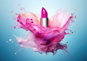 Pink lipstick with splashes and splashes of rose water. photo
