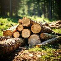 Close-up felled and sawn tree trunks stacked on the outskirts of the forest. photo