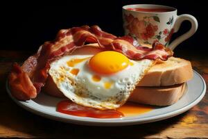 English breakfast with fried eggs and bacon, and coffee in a large mug. photo