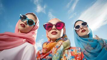Three beautiful young women in beautiful headscarves and sunglasses. AI generated. photo