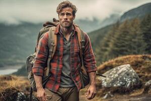 Handsome bearded man with backpack in the autumn forest. Travel and adventure concept. photo