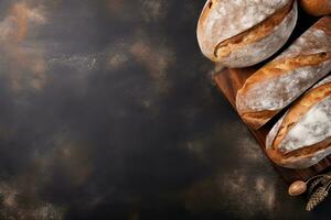 Freshly baked bread and wheat ears on rustic background. Top view with copy space. Generative AI photo