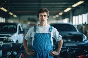 Technician, male auto mechanic in coverall in modern auto repair shop, garage. Generative AI photo