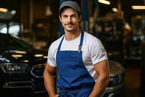 Technician, male auto mechanic in coverall in modern auto repair shop, garage. Generative AI photo