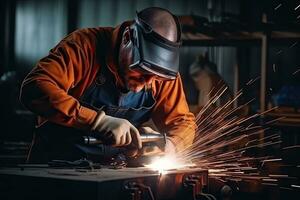 Industrial worker wearing protective clothing and mask welding metal in factory. Generative AI photo