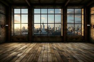 Interior of modern loft with wooden floor and panoramic city view. Generative AI photo