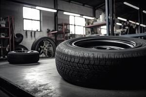 Mechanic service is changing new tires and wheels. on the garage background. Generative AI photo