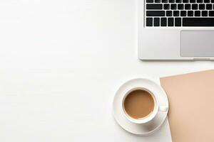 Office desk table with keyboard and coffee cup. Top view with copy space. Generative AI photo