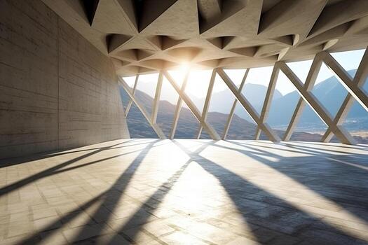 arquitectura vacío habitación con ventana y montaña antecedentes con luz de sol. generativo ai foto