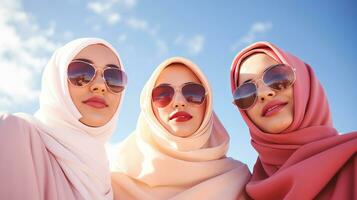 Three beautiful young Muslim women in traditional headscarves and sunglasses.  AI generated. photo