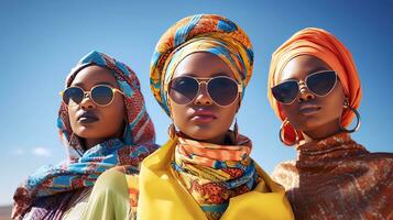 Three African women in traditional headdresses and dresses made of  bright fabrics. AI generated. photo