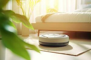 Robot vacuum cleaner is in a modern bright room photo