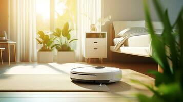 Robot vacuum cleaner is in a modern bright room photo