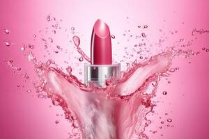 Pink lipstick with splashes and splashes of rose water. photo