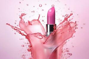 rosado lápiz labial con salpicaduras y salpicaduras de Rosa agua. foto