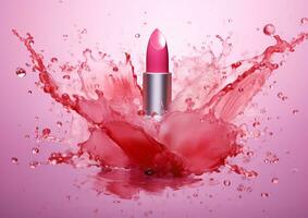 rosado lápiz labial con salpicaduras y salpicaduras de Rosa agua. foto