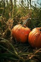 Close-up of ripe orange pumpkins in a field photo