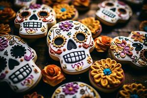 hecho en casa grotesco cráneo y esqueleto azúcar Galleta durante un mexicano gente celebracion de el día de el muerto. foto