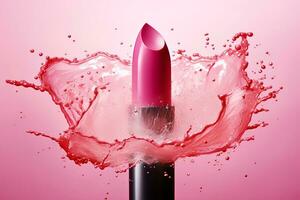 rosado lápiz labial con salpicaduras y salpicaduras de Rosa agua. foto