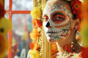 A girl puts on her face makeup in the form of a skull on the Mexican traditional folk holiday Day of the Dead photo