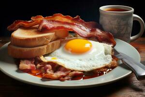 English breakfast with fried eggs and bacon, and coffee in a large mug. photo