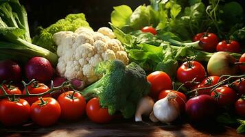 de cerca de varios Fresco vegetales en el mesa. ai generado. foto