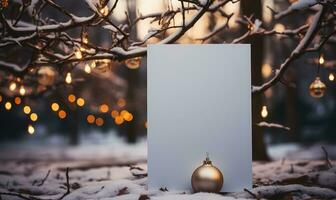 blanco tarjeta con Navidad decoración en el nieve . ai generado foto