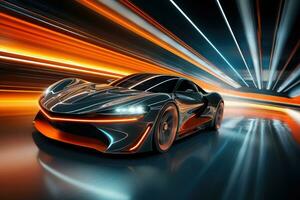 the futuristic sports car is speeding through the night . AI Generated photo