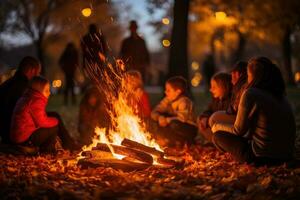 Families gather around a bonfire embracing the changing season with brightly colored leaves swirling in the air photo