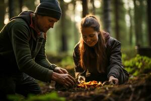 Enthusiastic foragers explore the lush greenery of the forest carefully collecting an array of wild mushrooms photo