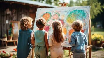 Children eagerly gather around a chalkboard filled with colorful drawings and encouraging messages ready for a new school year photo