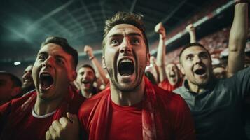 un grupo de apasionado aficionados rugido en emoción como el fútbol americano temporada patadas apagado con un emocionante juego foto