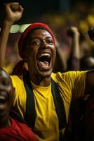 A group of passionate fans roar in excitement as the football season kicks off with a thrilling game photo