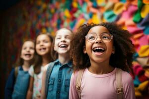 A group of excited students stand in front of a colorful chalkboard ready for a new school year photo