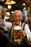 personas en tradicional atuendo aumento cerveza jarras en camaradería como el animado Oktoberfest celebraciones llenar múnich calles con animar foto