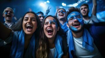 un grupo de entusiasta fútbol americano aficionados reunir debajo estadio luces Listo a animar en su favorito equipo para el apertura juego de el temporada foto