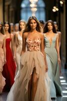 A runway filled with models showcasing the latest trends in haute couture at a glamorous September Fashion Week event photo