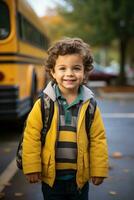 un joven niño ansiosamente soportes en frente de un colegio autobús Listo a embarcar en un nuevo aventuras lleno con aprendizaje y amistades foto