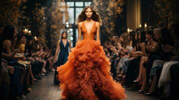 A runway filled with models showcasing the latest trends in haute couture at a glamorous September Fashion Week event photo