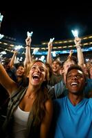 un grupo de entusiasta fútbol americano aficionados reunir debajo estadio luces Listo a animar en su favorito equipo para el apertura juego de el temporada foto