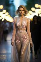 Models strut down the runway in glamorous couture creations under dazzling lights during the September Fashion Week photo