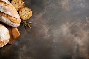 Freshly baked bread and wheat ears on rustic background. Top view with copy space. Generative AI photo