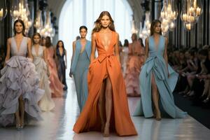 A runway filled with models showcasing the latest trends in haute couture at a glamorous September Fashion Week event photo