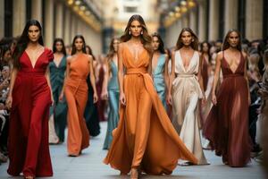 A runway filled with models showcasing the latest trends in haute couture at a glamorous September Fashion Week event photo