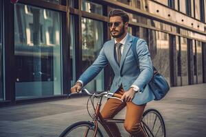 Handsome young man in suit and tie riding bicycle in city. Generative AI photo